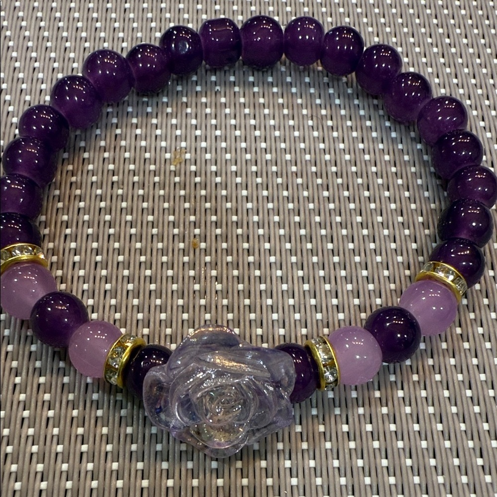 Handmade Purple Glasses Beaded Bracelet with Rose